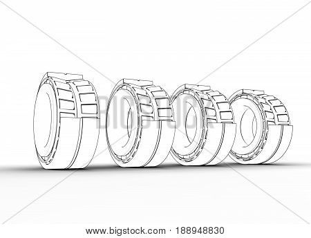 3D illustration of tapered roller bearing isolated on white and metallic