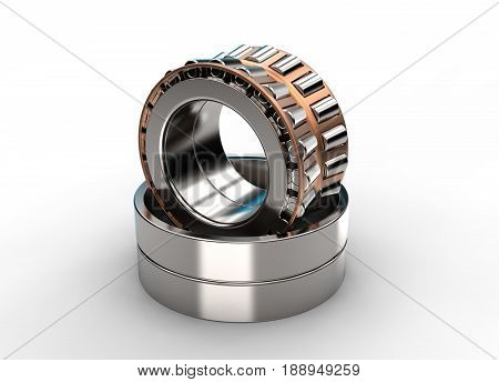 3D illustration of tapered roller bearing isolated on white and metallic