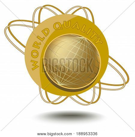 Emblem world quality with globe motif in golden design. An sticker for products of high quality.