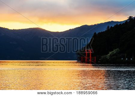 Red Torii Gate At Lake Ashi, Hakone