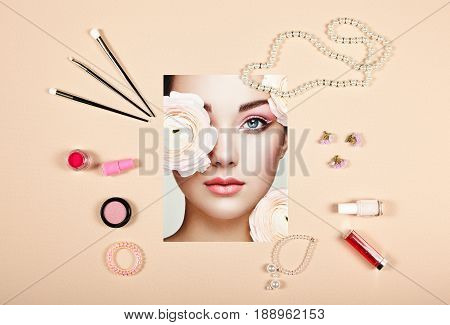 Fashion lady accessories collage. Falt Lay. Beauty photography. Make-Up brushes. Jewelry and nail polish. Portrait of beautiful young woman with flowers