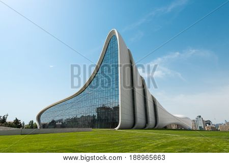 Azerbaijan, Baku, May 20, 2017. Heydar Aliyev Center building with auditorium, gallery hall and museum. Designed by world-famous architect Zaha Hadid.