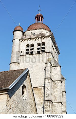 Bell Tower Of The Church Of Poligny, In Jura Region, France