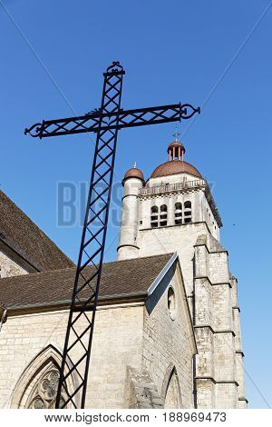 Bell Tower Of The Church Of Poligny, In Jura Region, France