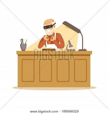 Senior man making jewelry in workshop, craft hobby or profession colorful character vector Illustration isolated on a white background