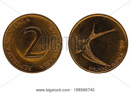 Dva Tolarja Republika Slovenija Coin Isolated On A White Background