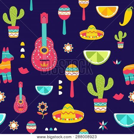 Cinco De Mayo Seamless Pattern For Festival In Mexico, Flat. T-shirt Print Of Colorful Symbols For M