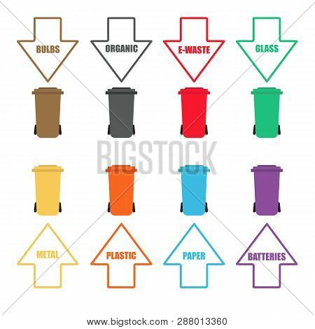 Colorful Scheme With Arrows Showing Waste Separation Process, Different Trashbins, Flat Style Isolat