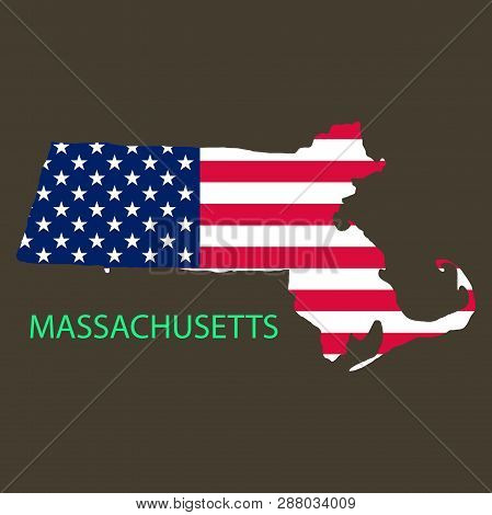 Massachusets State Of America With Map. Flag Print On Map Of Usa For Geographic Themes. Map Of Massa