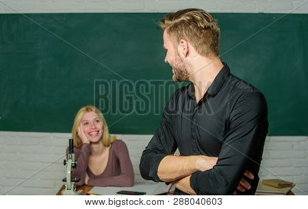 Bright Student. High School Student Saying Lesson. Male Student With Examiner At Examination. Handso