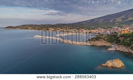 Aerial View Of Limenaria Town And Port At Thassos Island, Greece