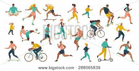 Group Of People Performing Sports Activities At Park Doing Yoga And Gymnastics Exercises, Jogging, R