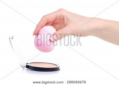 Make Up Sponge Puff In Hand Powder On White Background Isolation