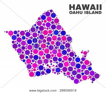 Mosaic Oahu Island Map Isolated On A White Background. Vector Geographic Abstraction In Pink And Vio