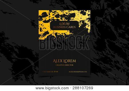 Luxury Black Business Cards With Marble Texture And Gold Detail Vector Template, Banner Or Invitatio