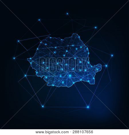 Romania Map Glowing Silhouette Outline Made Of Stars Lines Dots Triangles, Low Polygonal Shapes.