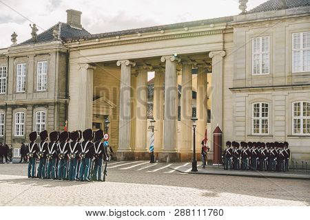 February 20, 2019. Denmark. Copenhagen. Amalienborg Square. Changing The Royal Guard. Army Ranks Uni