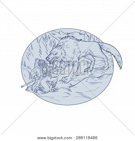 Drawing Sketch Style Illustration Of Norse God, Odin, God Of Wisdom And War, Being Attacked By Fenri