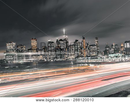 Long Exposure Of Traffic With Downtown Manhattan In View
