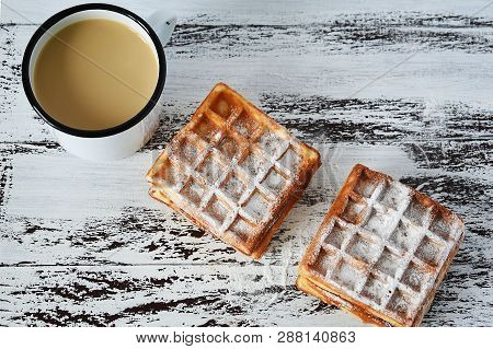 Tasty Breakfast, Delicious Fresh Viennese Waffles And Cup Of Coffee On Wooden Background