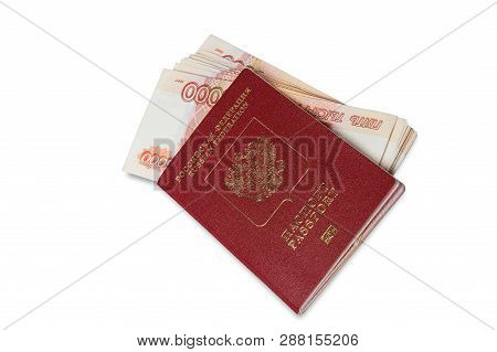 Biometric Passport And Two Banknotes For A Hundred Dollars Visa Free Travel. Travel Expenses Concept