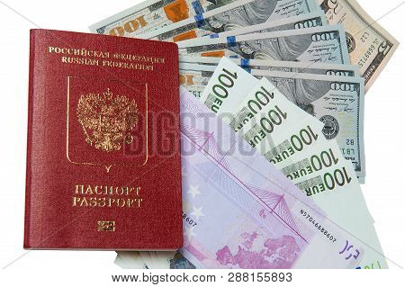 Biometric Passport And Two Banknotes For A Hundred Dollars Visa Free Travel. Travel Expenses Concept