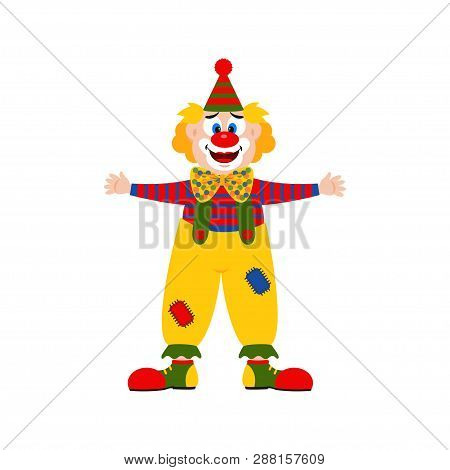 Vector Illustration In Cartoon Style. Funny Cute Clown. Circus, Focus, Magic.