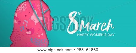 Happy Womens Day Web Banner Illustration. Paper Cut Muslim Girl Silhouette Cutout With Hijab And Han