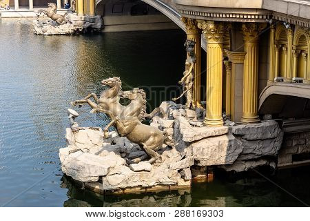 Horse Statues Below A European Style Bridge Crossing The Haihe River In The City Center Of Tianjin, 