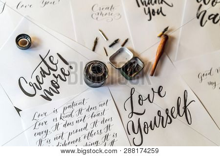 Paper, Ink, Calligraphy Pens And Inscriptions. Lettering Workshop Details. Inscribing Ornamental Dec