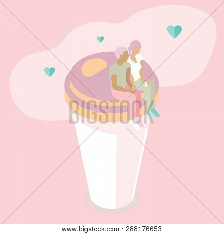 Young Man And Woman Drinking Coffee Together Set On A Coffee Cup - Vector. Flat Illustration
