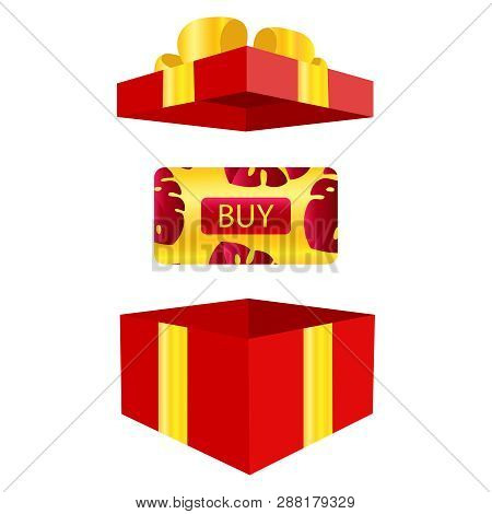 Vector Of Elegant Gift Vouchers With Realistic Red Bows, Gift Boxes, Toys, Ribbons. Festive Backgrou