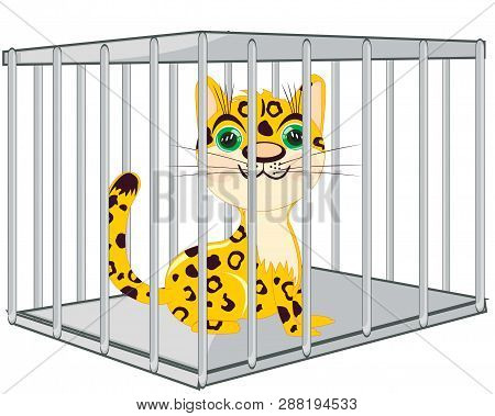 Vector Illustration Animal Leopard Locked In Steel Hutch