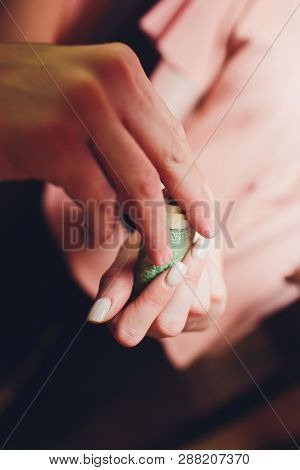 Homeless Man Hold Dollars Bill In Hes Hand . Selective Focus At Dollars Bill.