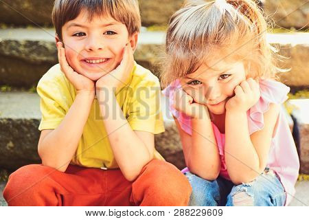Best Friends, Friendship And Family. Childhood First Love. Small Girl And Boy On Stairs. Relations. 