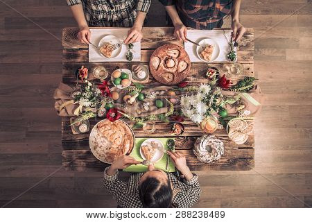 Home Celebration Of Friends Or Family At The Festive Easter Table With Easter Cake, Top View, Celebr