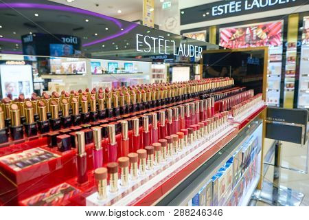 DUBAI, UAE - CIRCA JANUARY, 2019: Estee Lauder makeup products on display at Dubai International Airport.