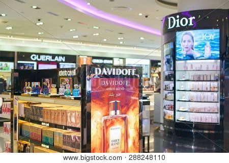 DUBAI, UAE - CIRCA FEBRUARY, 2019: perfumes on display in Duty Free at Dubai International Airport.