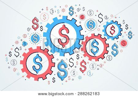 Economy System And Business Concept, Gears And Cogs Mechanism With Dollar Signs And Icon Set, Allego