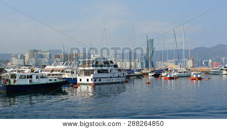 Causeway Bay, Hong Kong -22 February 2019: Hong Kong harbor side, typhoon shelter