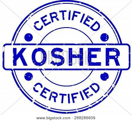 Grunge Blue Kosher Certified Word Round Rubber Seal Stamp On White Background