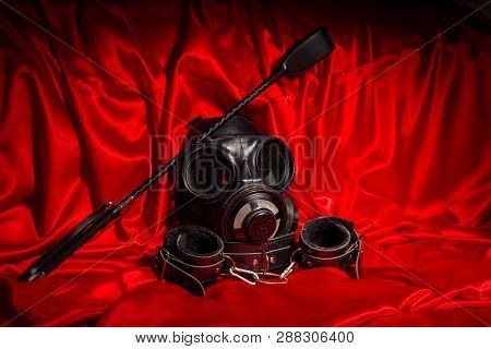Close Up Bdsm Outfit. Bondage, Kinky Adult Sex Games, Kink And Bdsm Lifestyle Concept With Gas Mask,