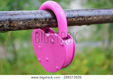 Pink Pad Lock Heart Shape Locked On A Fence. Wedding Symbol. Selective Focus. Blurred Green Backgrou