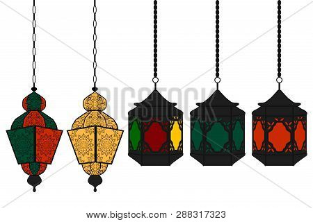 Illustration On Theme Big Set Different Types Lanterns, Lamp To Celebration Holiday Ramadan. Lantern