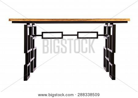 Loft Style Table: Oak Cover, Metal Base In Matte Black Color. Isolated On White With Clipping Path, 
