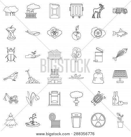 Polluting Icons Set. Outline Style Of 36 Polluting Icons For Web Isolated On White Background