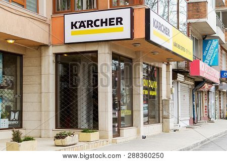 Varna, Bulgaria, March 03, 2019. Karcher Signboard Above The Brand Shop And Service Center In Varna,