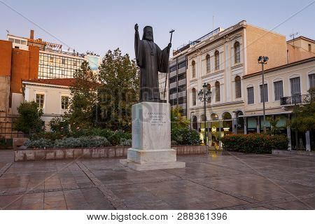 Athens, Greece - November 6, 2018: Statue Of Archbishop Damaskinos Papandreou In Metropolis Square I
