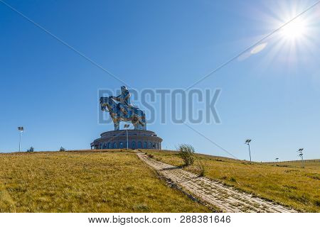Tsonjin Boldog, Mongolia - September 14, 2018: The Giant Genghis Khan Equestrian Statue Is Part Of T