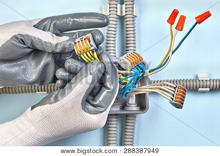 Electrician In Protective Gloves Is Installing Surface Mounted Wiring With Pluggable Terminal Block 